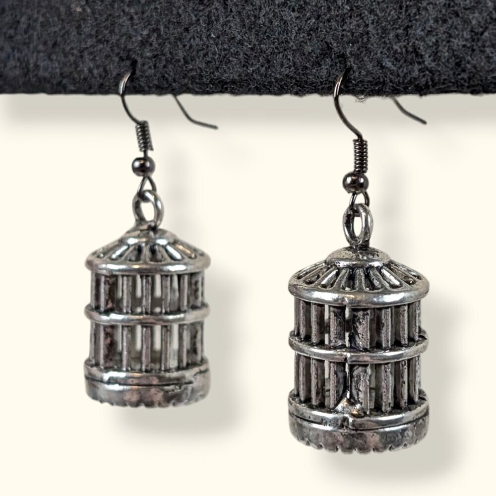 Silver Tone Bird Cage Dangling Earrings